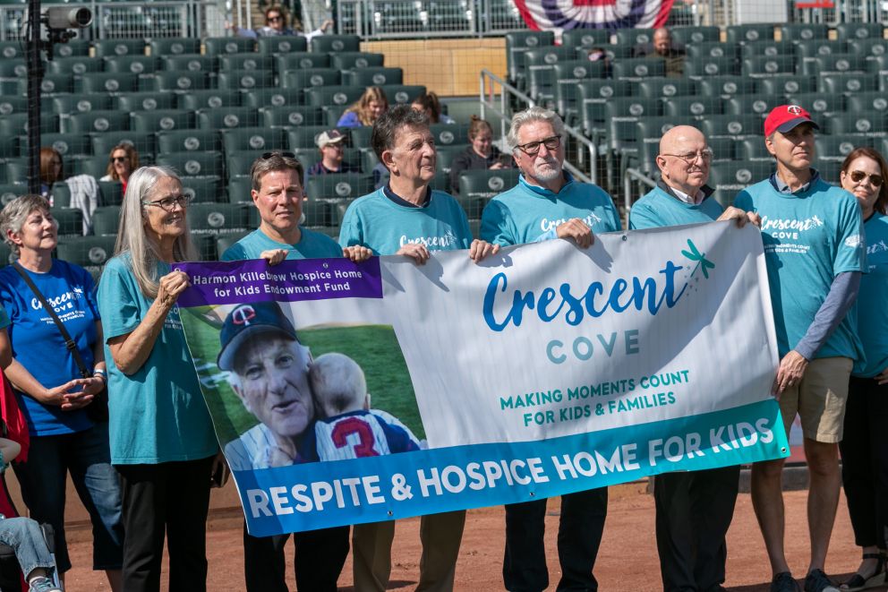 Nita Killebrew, widow of Harmon Killebrew, long-time volunteer John B., Clyde Doepner of the MN Twins and Jack Morris, Twins legend, join Jim Rice and other Crescent Cove supporters at the 2023 Twins game. 