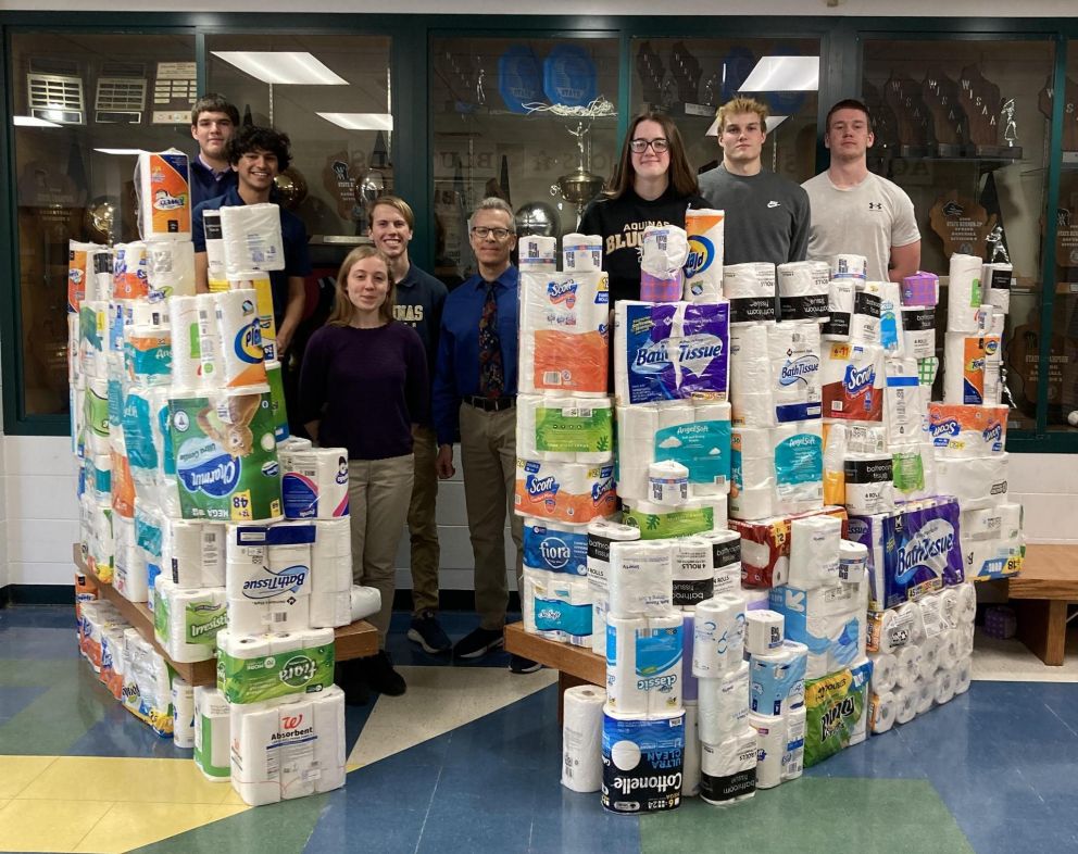 Many thanks to the Aquinas High School students of La Crosse, WI, who collected paper products for two weeks to donate to Crescent Cove. They are proud to report that 709 rolls of toilet paper and 173 rolls of paper towels were collected! Thanks to their generosity, we are stocked with paper towels and toilet paper for the foreseeable future. 